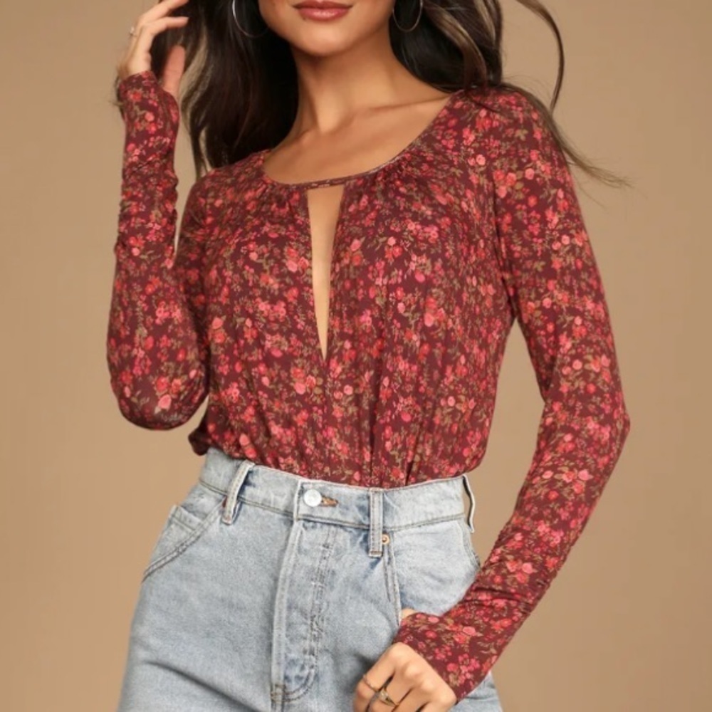 NWT Free People Kaya Floral Printed Keyhole Long Sleeve Ruched Bodysuit